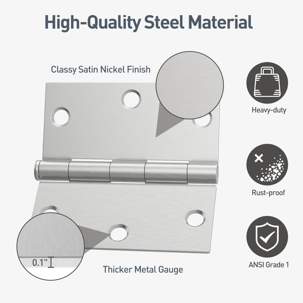 6 Pack 3.5" x 3.5" Brushed Nickel Door Hinges with Square Corner