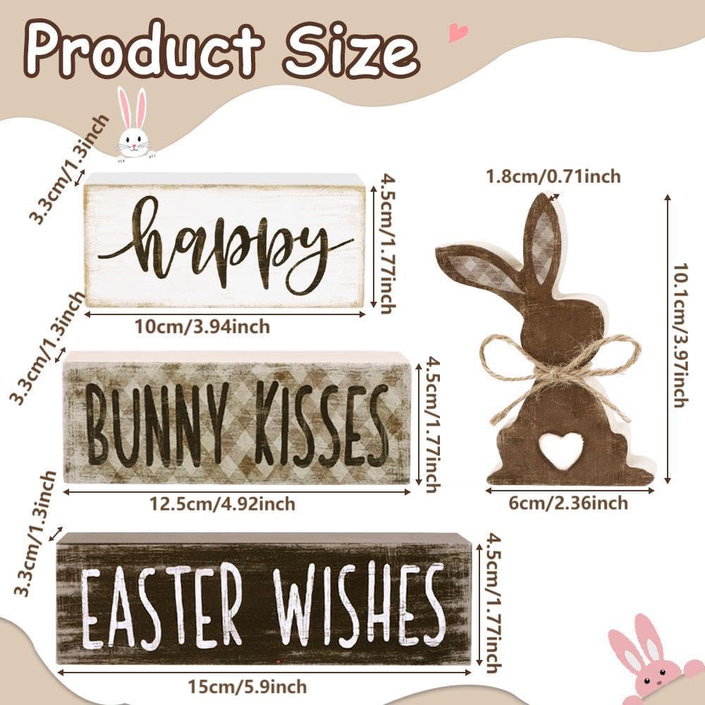 Easter Tabletop Decorations Bunny Wooden Block Signs Gift Rustic Tiered Tray Decor Happy Easter Centerpiece - Set of 4