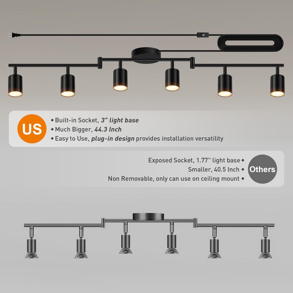 Plug in Track Lighting LED, Track Lighting Fixtures Ceiling, Black 6-Light Kitchen Light Kit, Plug in Wall Light