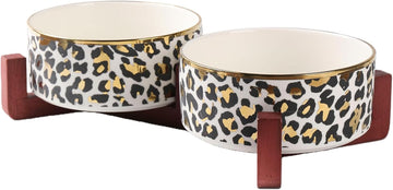 Dog Bowl Set with Wood Stand, Non-Slip Anti-Tip Elevated Design, Double Ceramic Animal Food Water Cat Bowls, Suitable