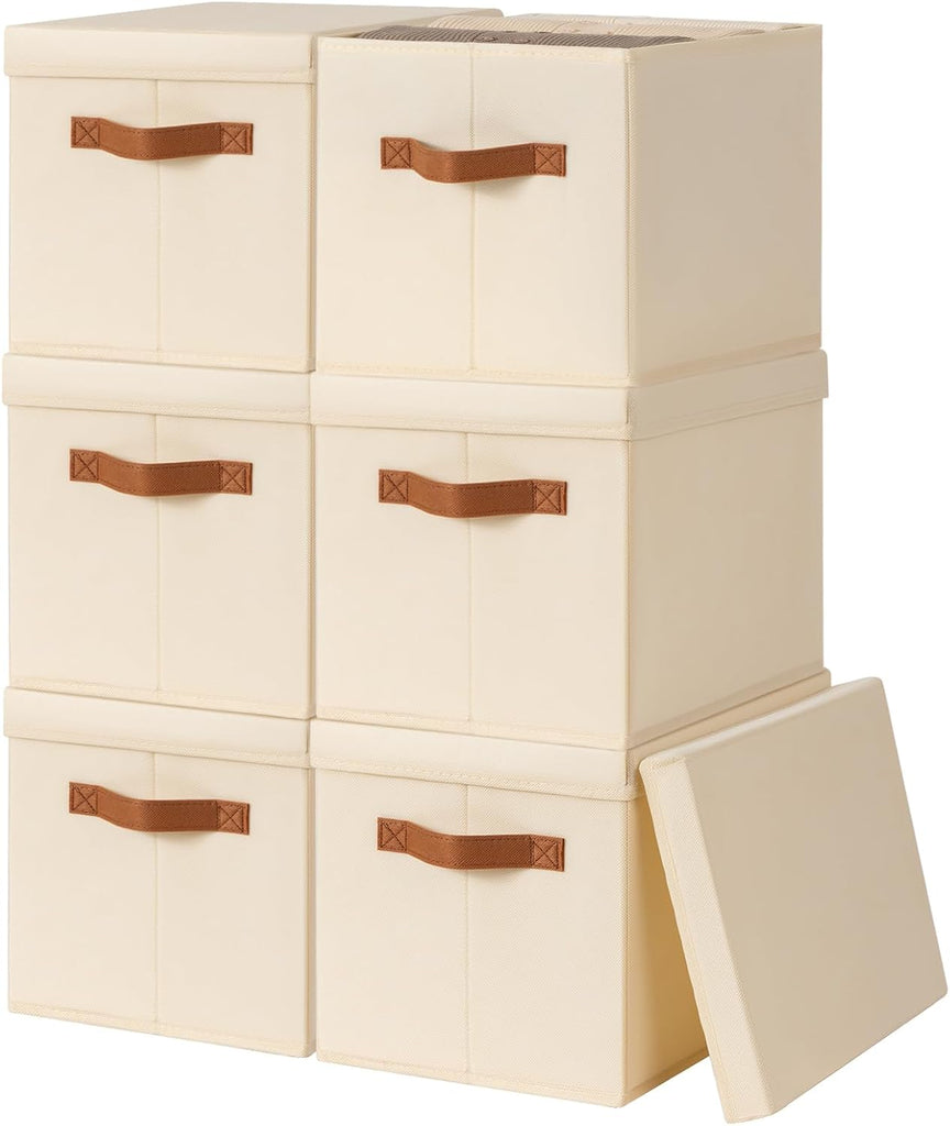 Storage Bins with Lids - Fabric Storage Baskets for Shelves, 6 Pack Foldable Decorative Boxes with Handles, Stackable