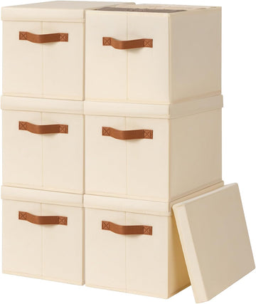 Storage Bins with Lids - Fabric Storage Baskets for Shelves, 6 Pack Foldable Decorative Boxes with Handles, Stackable