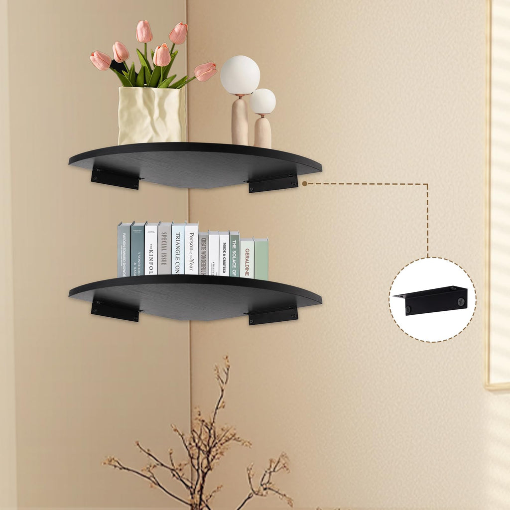 Corner Shelf Wall Mounted, 12-Inch Sector Wood Floating Corner Shelves with Wire Hole, Set of 2 Circular arc Corner