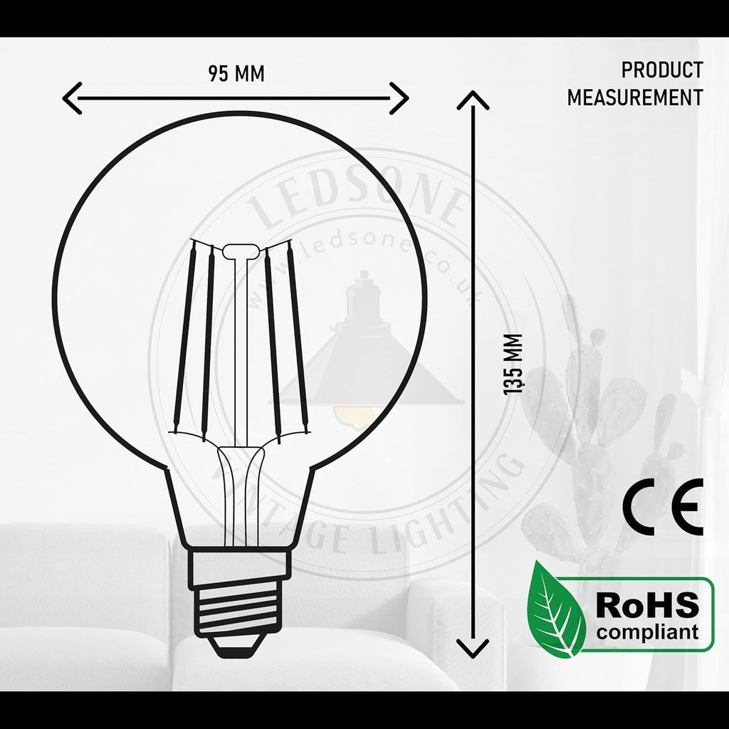 E26 G95 LED Globe Bulb 4W 40W Equivalent 2700K Amber Glass Filament Lamp