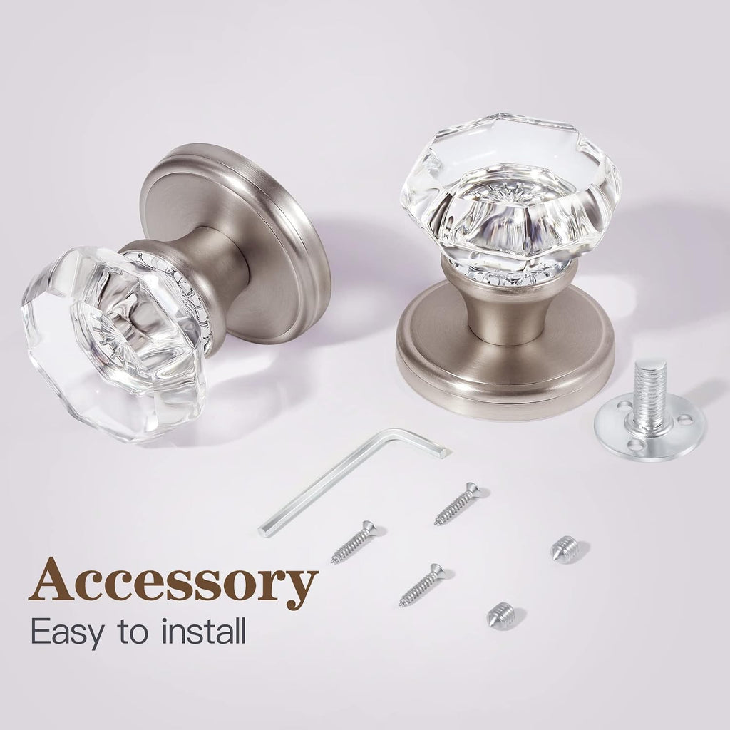 2 Pack Crystal Dummy Door Knobs, Non-Turning Single Side Dummy Door Knob, Brushed Nickel