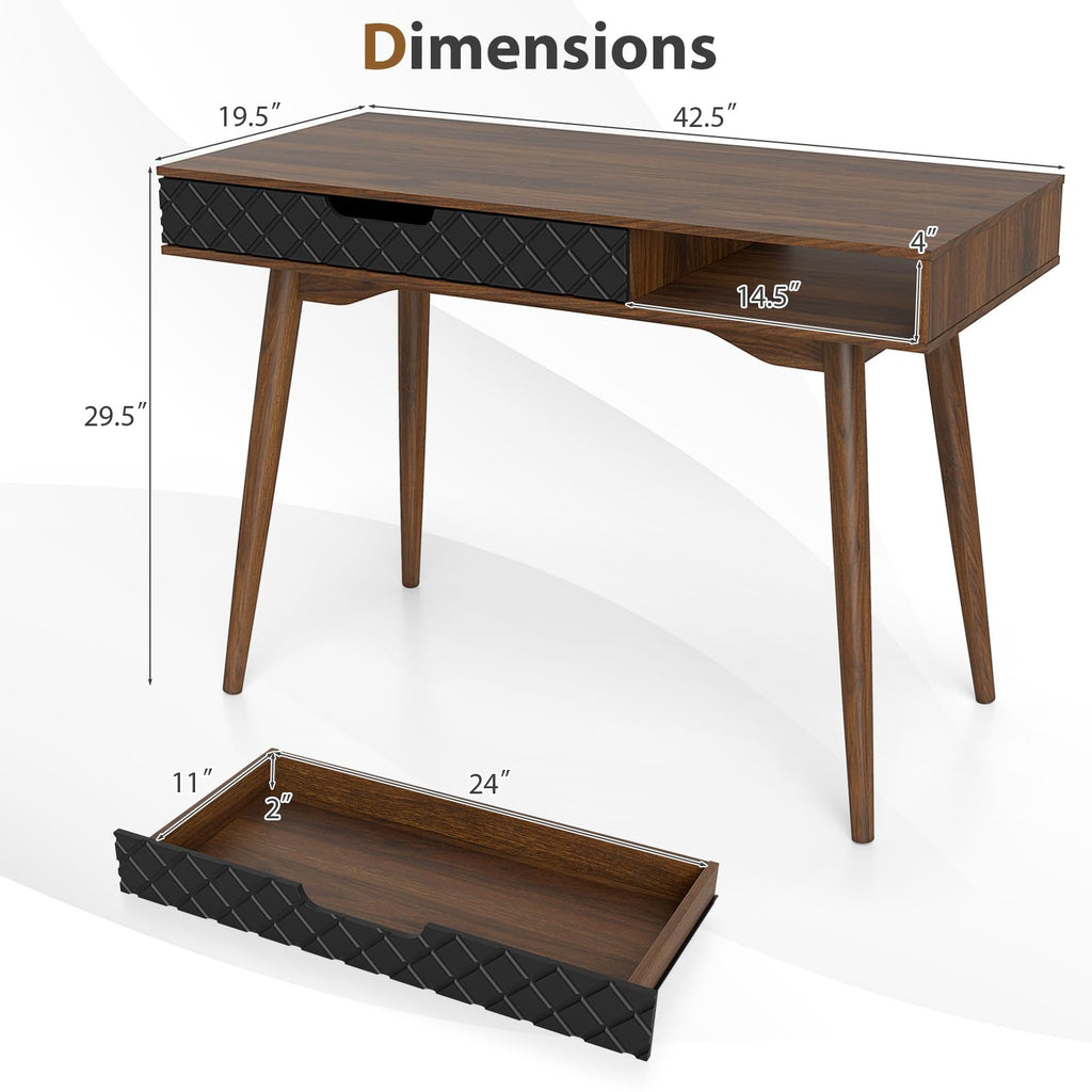 Mid Century Modern Desk, Home Office Standing Desk w/Drawer & Open Compartment, Small Computer Desk Work Study Table