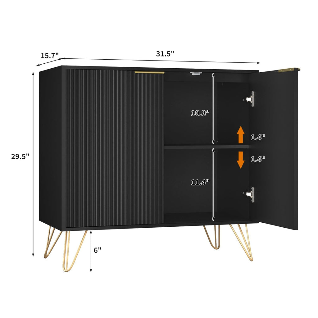 Fluted Storage Cabinet Sideboard Accent Cabinet with 2 Doors, Black, 1PC丨Buffet Cabinet with Metal Legs and