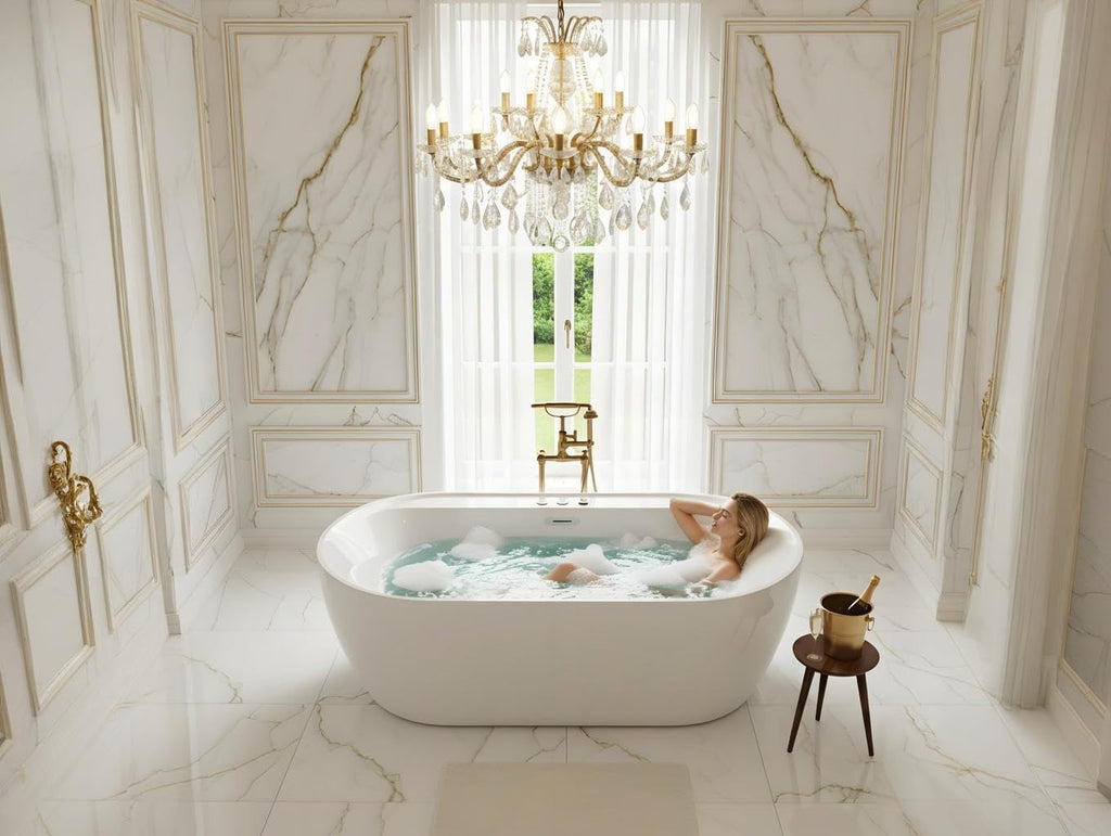 Acrylic Freestanding Bathtub, 71-Inch White Soaking Tub with Air Bubble Jets, Manual Control, Modern Stand-Alone Design