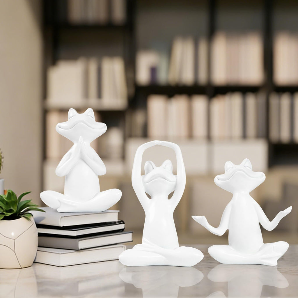 White Frog Yoga Figurines 3 Pcs, Modern Decor for Shelf, Desk, Office