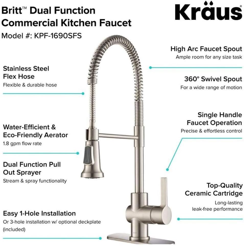 Spot Free Stainless Steel Pre-Rinse Kitchen Faucet KPF-1690SFS | Heavy-duty open coil spring spout, 3-function with