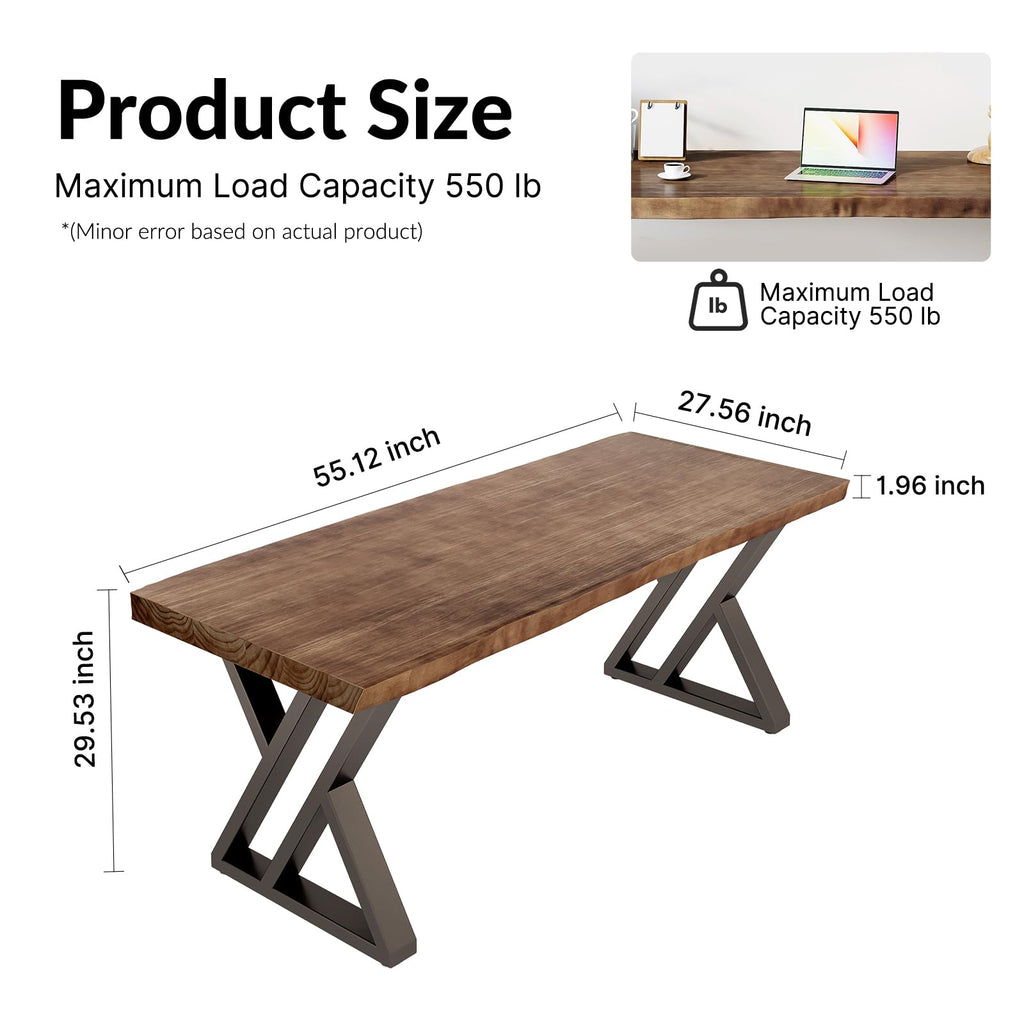 Solid Wood Desk 55 inches, Home Office Computer Desk Wooden Rustic Writing Desk Metal Modern Simple Design Executive