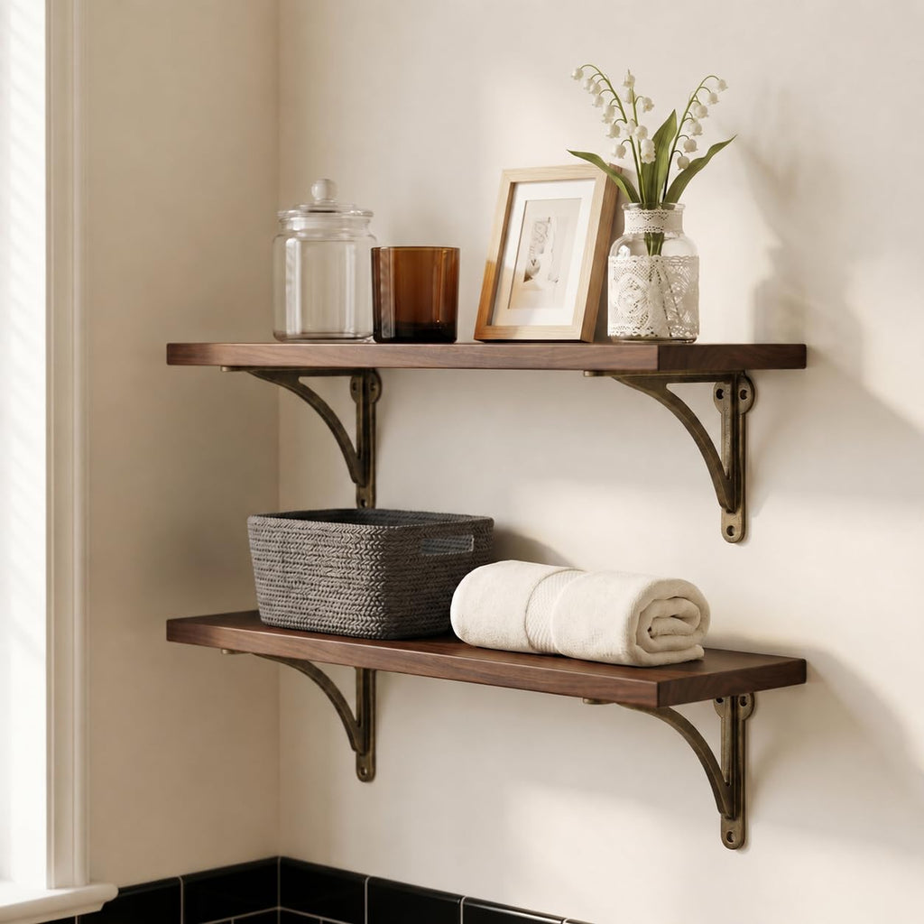 100% Solid Brass Decorative Shelf Brackets, 4.5-inch Wall-Mounted Shelving Brackets, 2-Pack Brushed Antique Brass