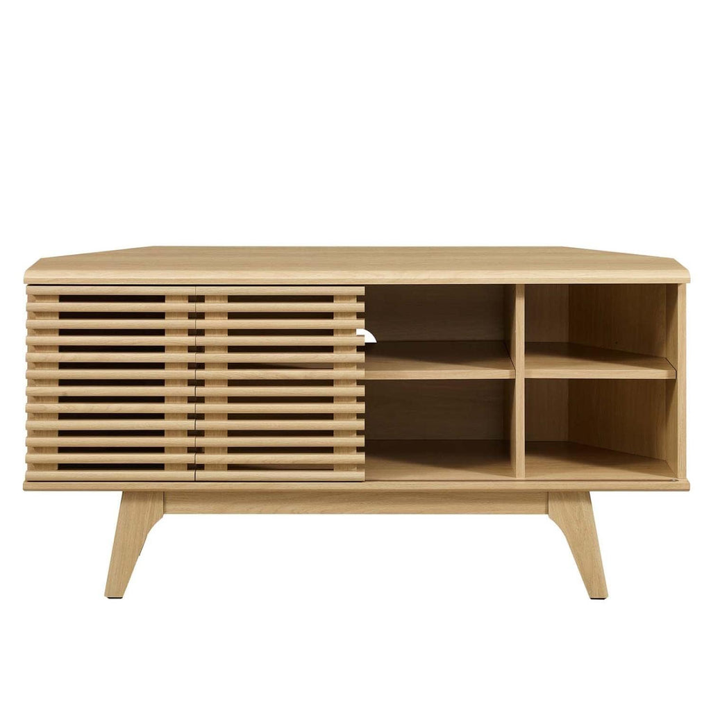 Render Mid-Century Modern Low Profile 46" Corner Media TV Stand in Oak, 15 x 46 x 23