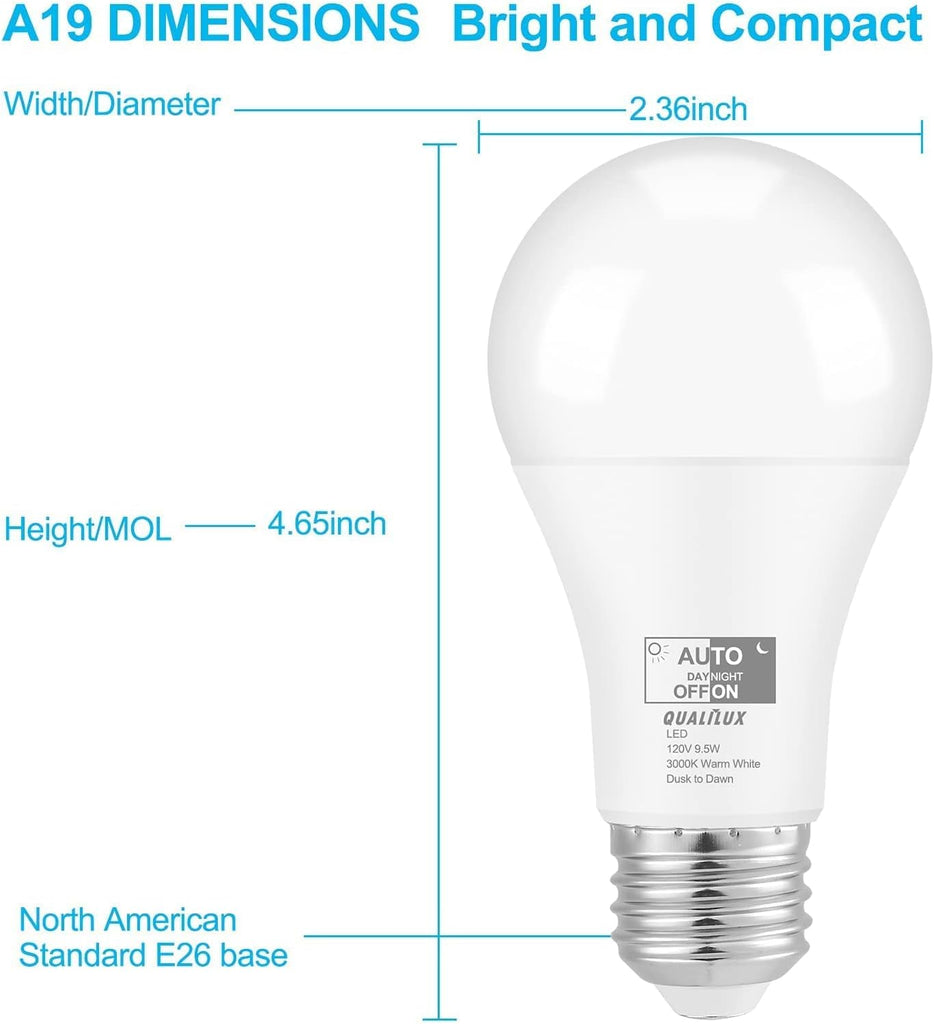 Dusk to Dawn A19 LED Light Bulbs Outdoor, Automatic On/Off, 60W Equivalent, Warm White 3000K, Energy Efficient 9.5W
