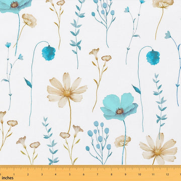 Watercolor Floral Fabric By The Yard Light Blue Beige Flower Upholstery Fabric White Minimalist Waterproof Outdoor