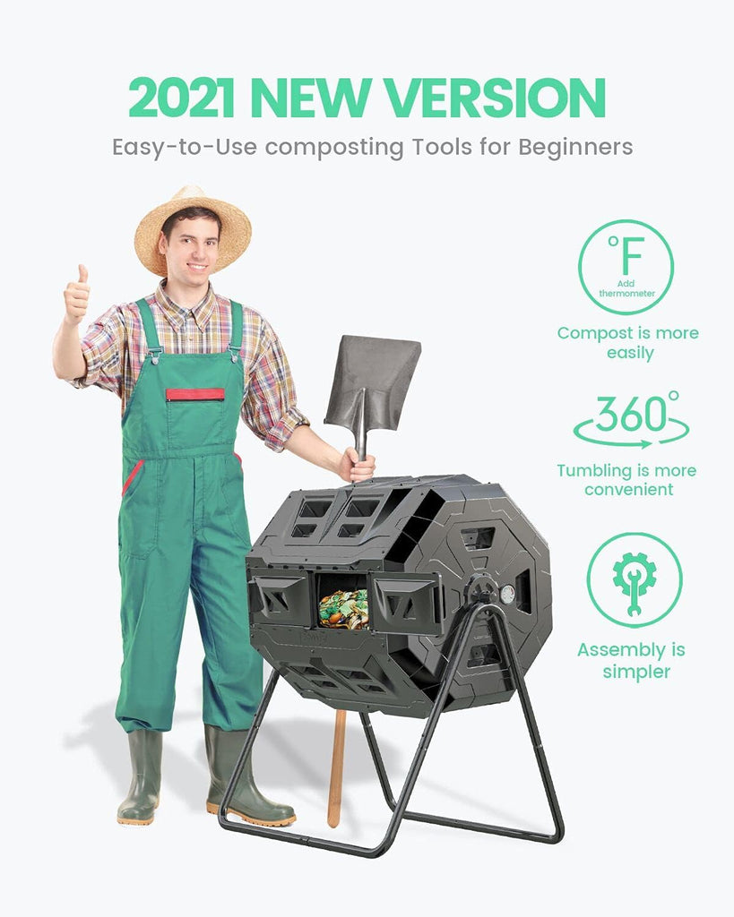 43 Gallon Dual Chamber Tumbling Composter with Integrated Thermometer - Rotatable Outdoor Compost Bin, Dual Batch