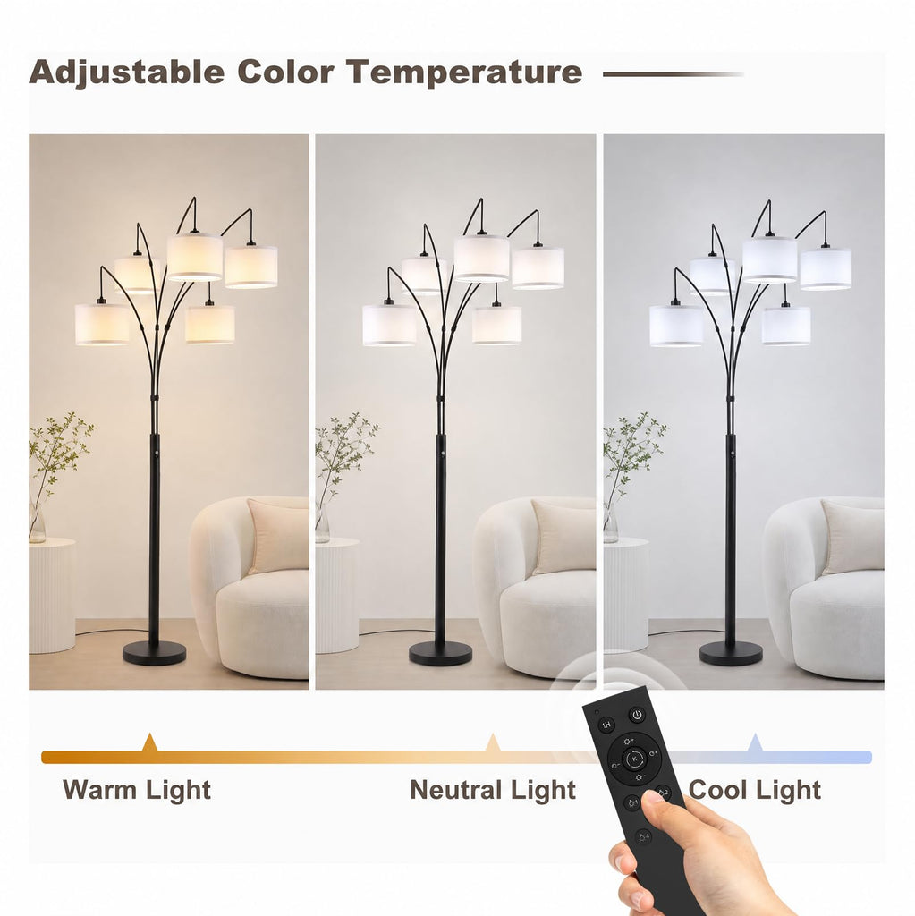 Floor Lamps, 4000LM Super Bright Arc Floor Lamp with Remote Control, 5 Light Tall Floor Lamps with Stepless