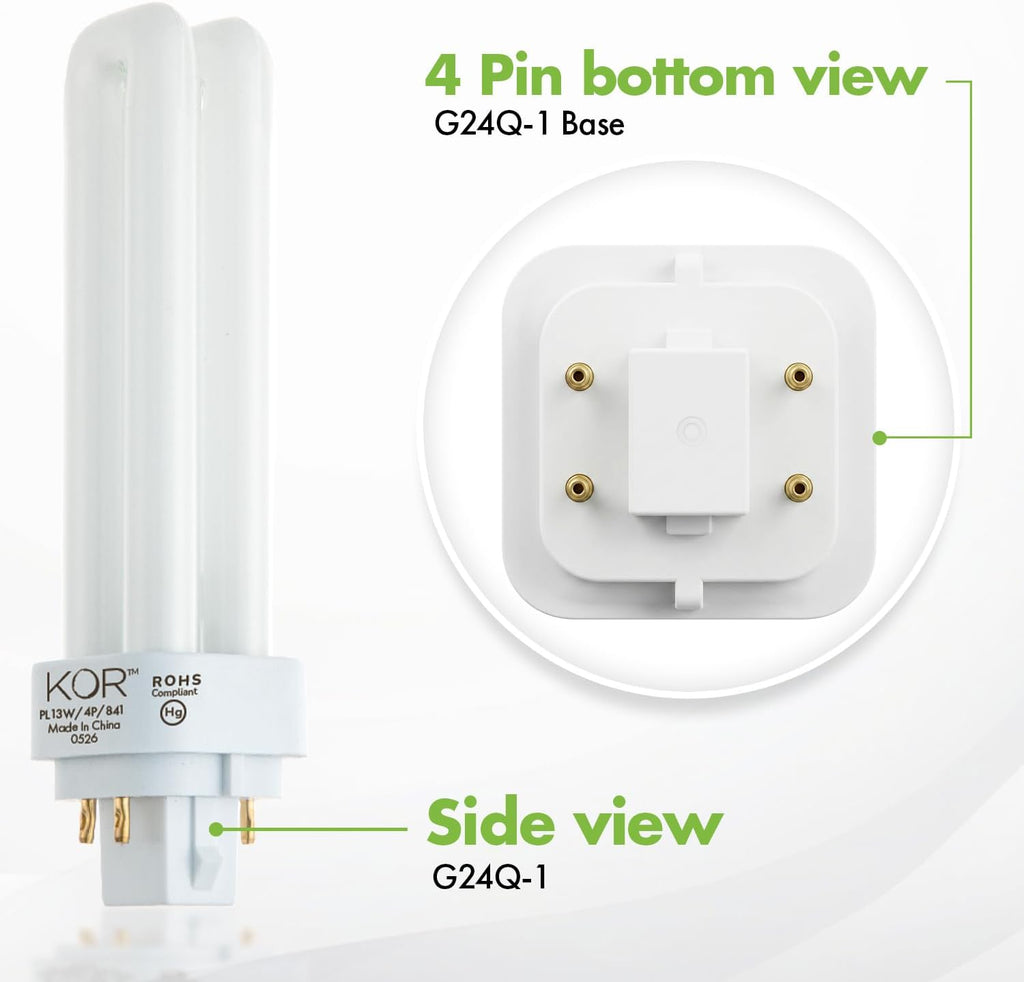 13W Double Tube CFL Light Bulbs, G24Q-1 4-Pin, 4100K Cool White, 4 Pack