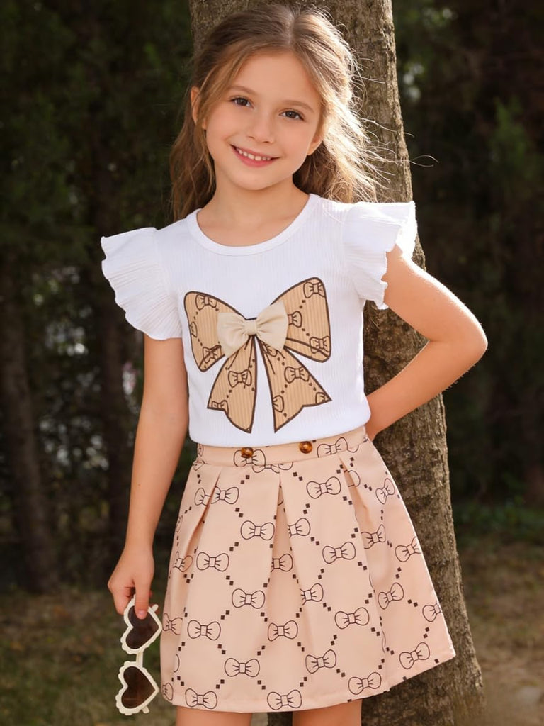 Toddler Girls Clothes Cap Sleeve T-Shirt + Bowknot Print 2pcs Summer Shorts Outfit Set For Girls, Years