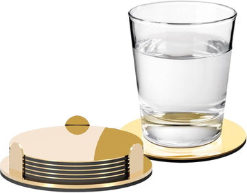 Gold Coasters for Coffee Table, Stainless Steel with Holder - Set of 6