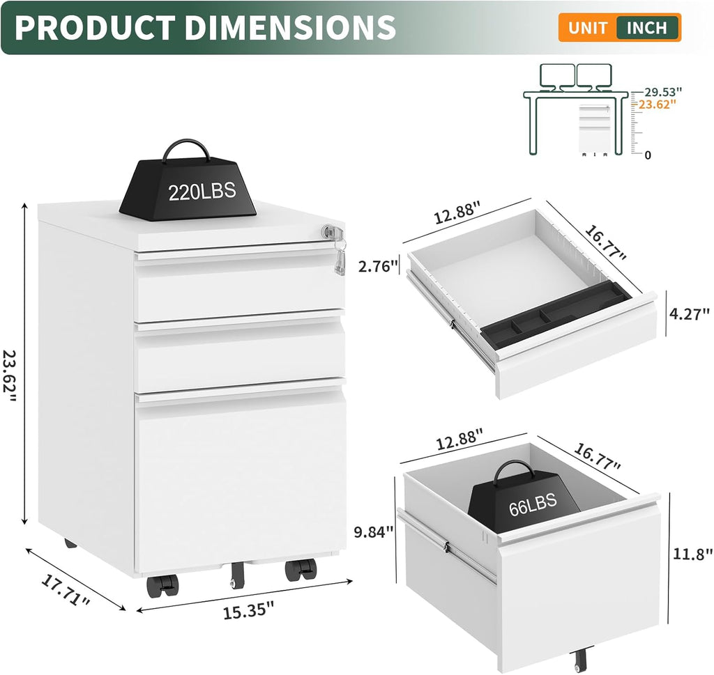 Small File Cabinet ,Metal Mobile Filing Cabinet | Fully Assembled,Under Desk,Rolling,Central Locking System,3