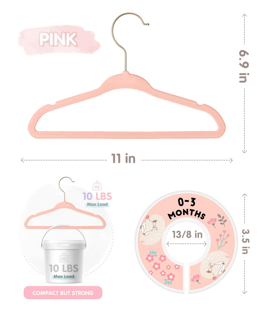 Velvet Baby Hangers with 6 Pcs Size Dividers, 11 Inch, Pink, 30 Pcs
