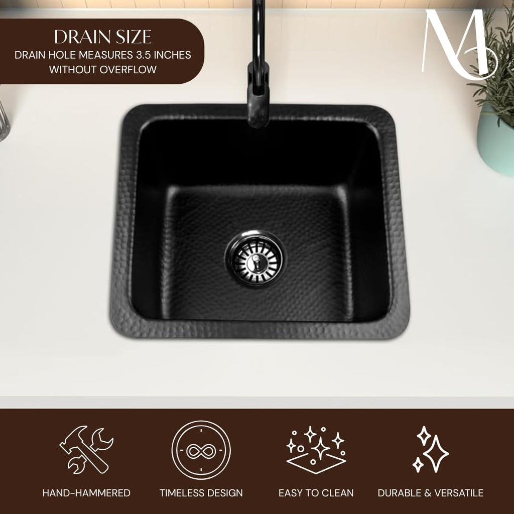 & Bar Sink - 17-inch Highball Dual Mount Drop in, Hand Hammered Matte Black Aluminum Sinks, Drop in Bar Sinks or