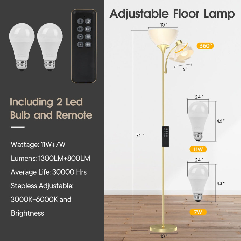 Torchiere Floor Lamp with Remote Control and Adjustable Reading Light