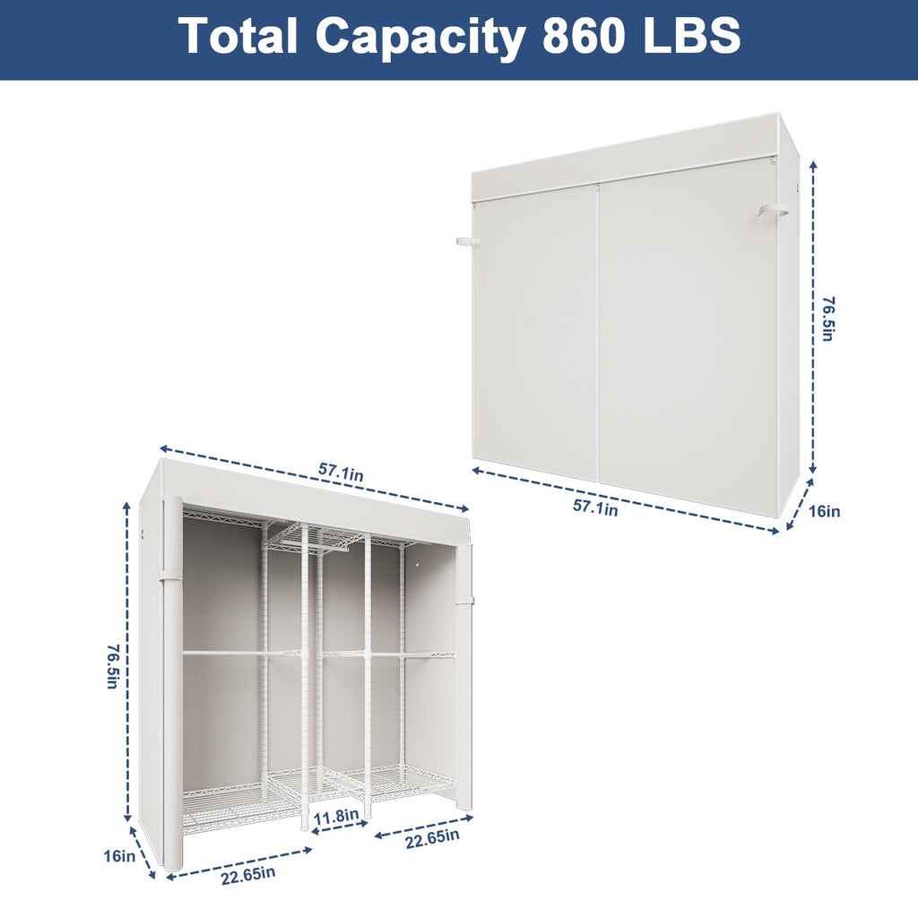 E12C Heavy Duty Closet Organizer System, Freestanding Clothing Rack, Adjustable Garment Rack 57.1" W x 16" D x 76.5" H