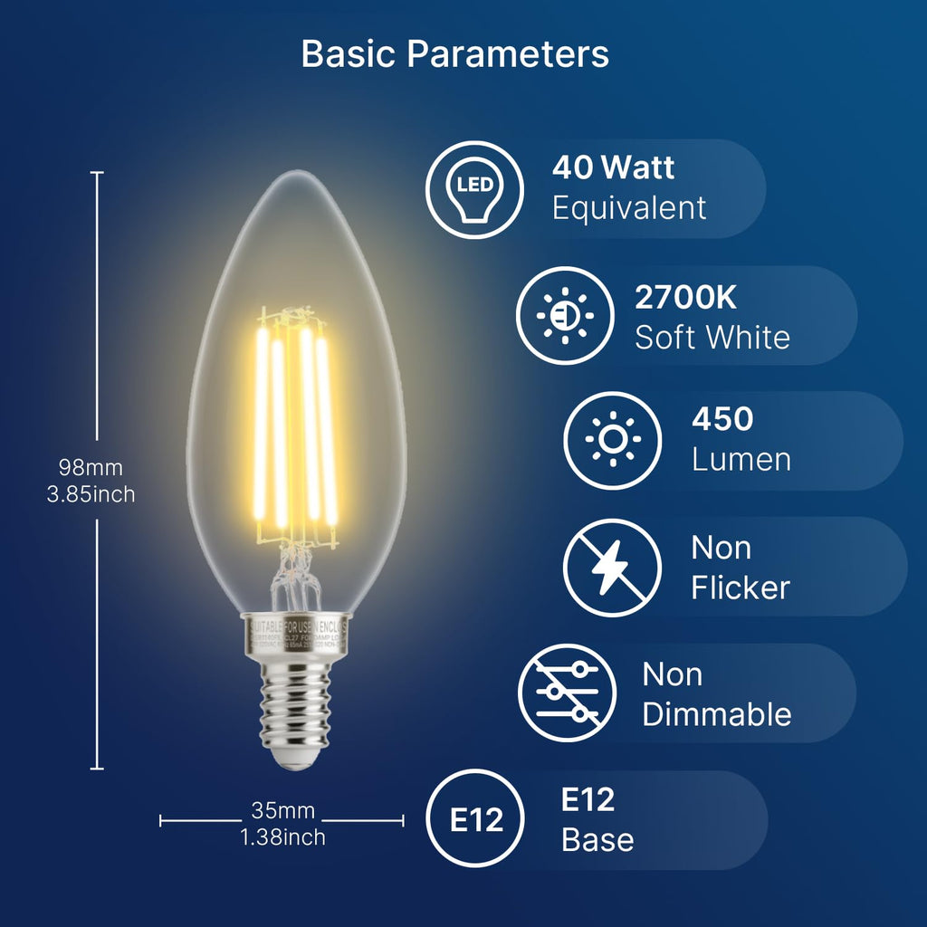 Dusk to Dawn Outdoor Sensor LED Edison Bulbs, 4W (40W Eqv.) - Clear B11 LED Candelabra Bulb E12 Base, Auto