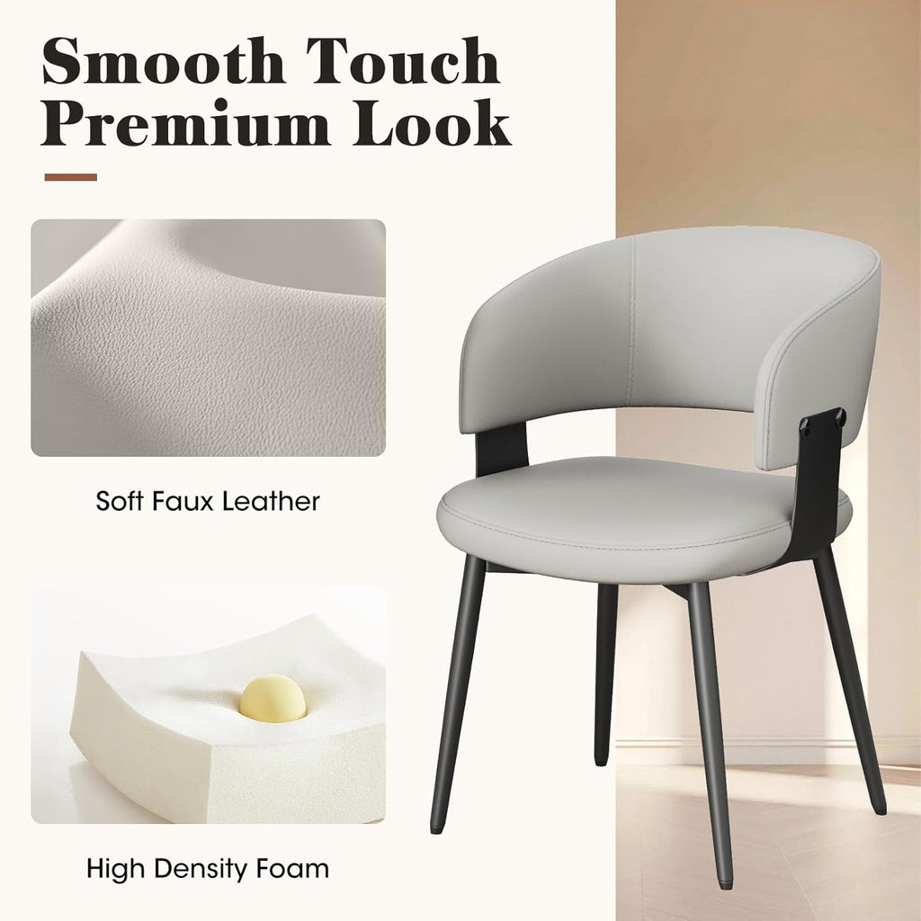 Modern Dining Chairs Set of 2, Faux Leather Upholstered Kitchen Chairs with Curved Back and Metal Legs