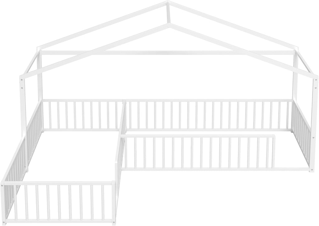 Double L-Shaped Montessori Bed, Metal Corner Hose Bed Frame with Fence, House-Style Floor Bed for 2