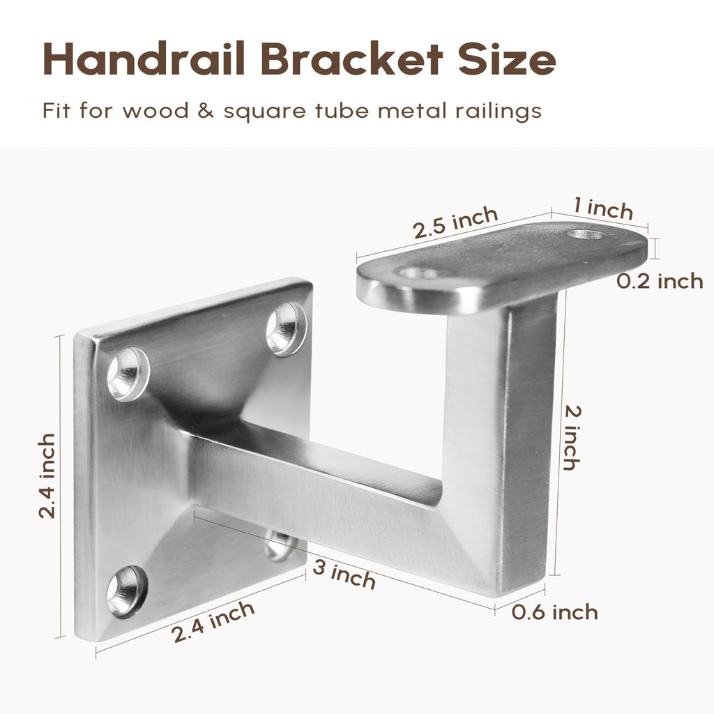 304 Stainless Steel Handrail Brackets, Heavy Duty Wall Mount for Stair Railing Indoor Outdoor - Satin Finish Stair