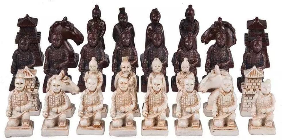 Retro Vintage Chinese Terracotta Warriors Chess Set Board Game Set Gift Friends Family 32 Chess Set Wood Table 3D - Set of 32