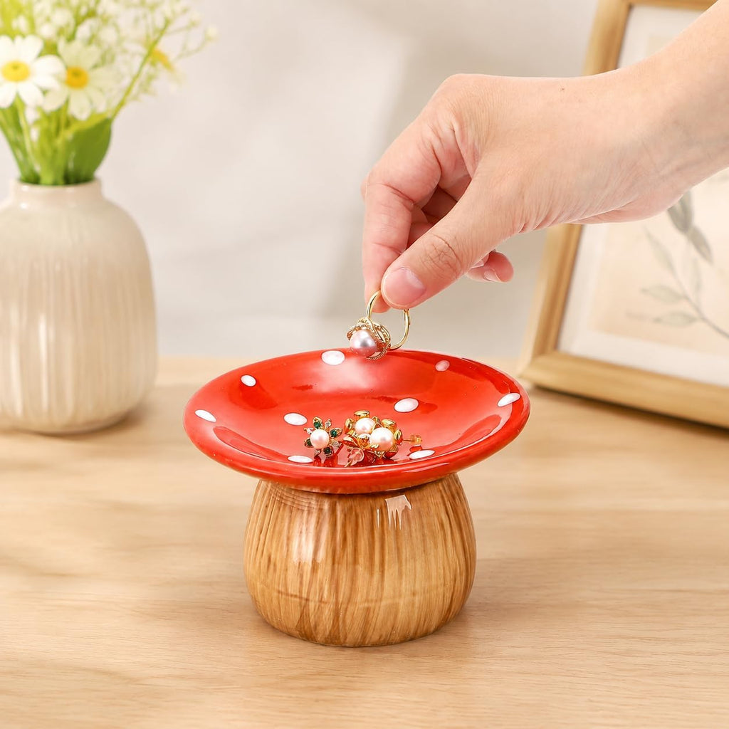 Mushroom Jewelry Dish, Ceramic Trinket Storage Jar with Lid - Set of 2