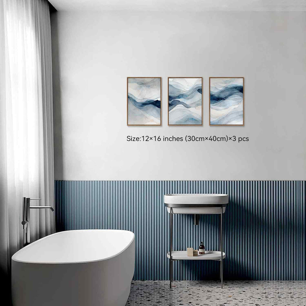 3 Piece Large Abstract Framed Wall Art, Smoke Texture Ink Navy Blue Canvas Wall Art Modern Minimalist Art Prints