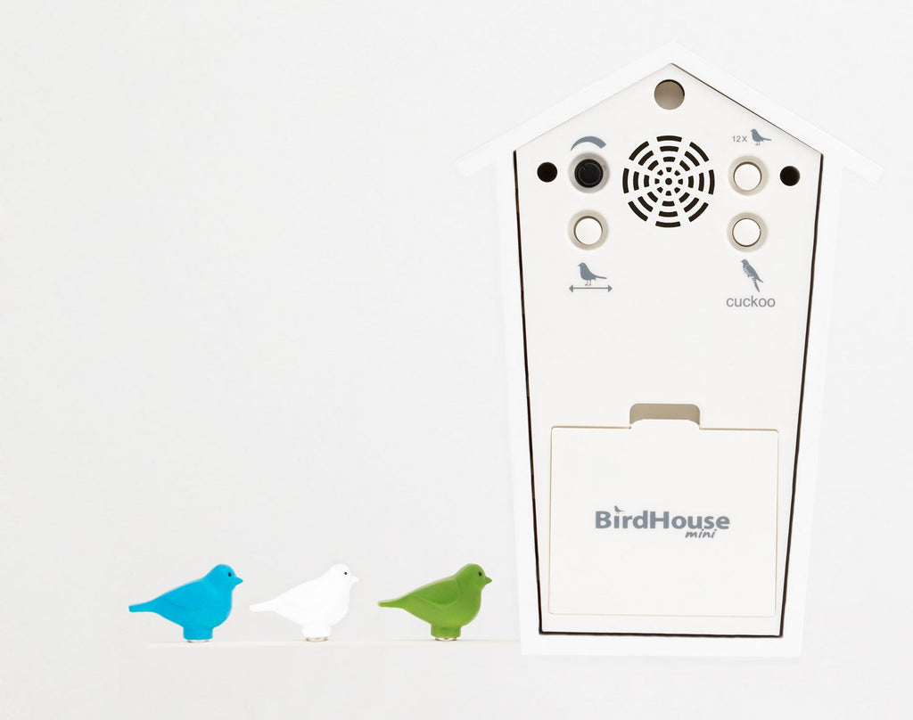 Birdhouse Mini White, Tiny Modern Cuckoo Clock with 12 Natural Bird Songs or Cuckoo Call