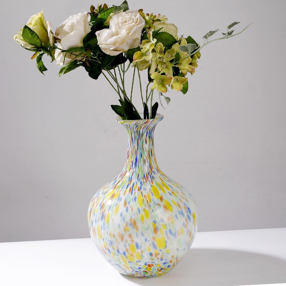 Hand Blown Colorful Round Murano-Style Art Glass Vase - 12.5" Tall,Wide Mouth Glass Vase for Mantle Dining Table