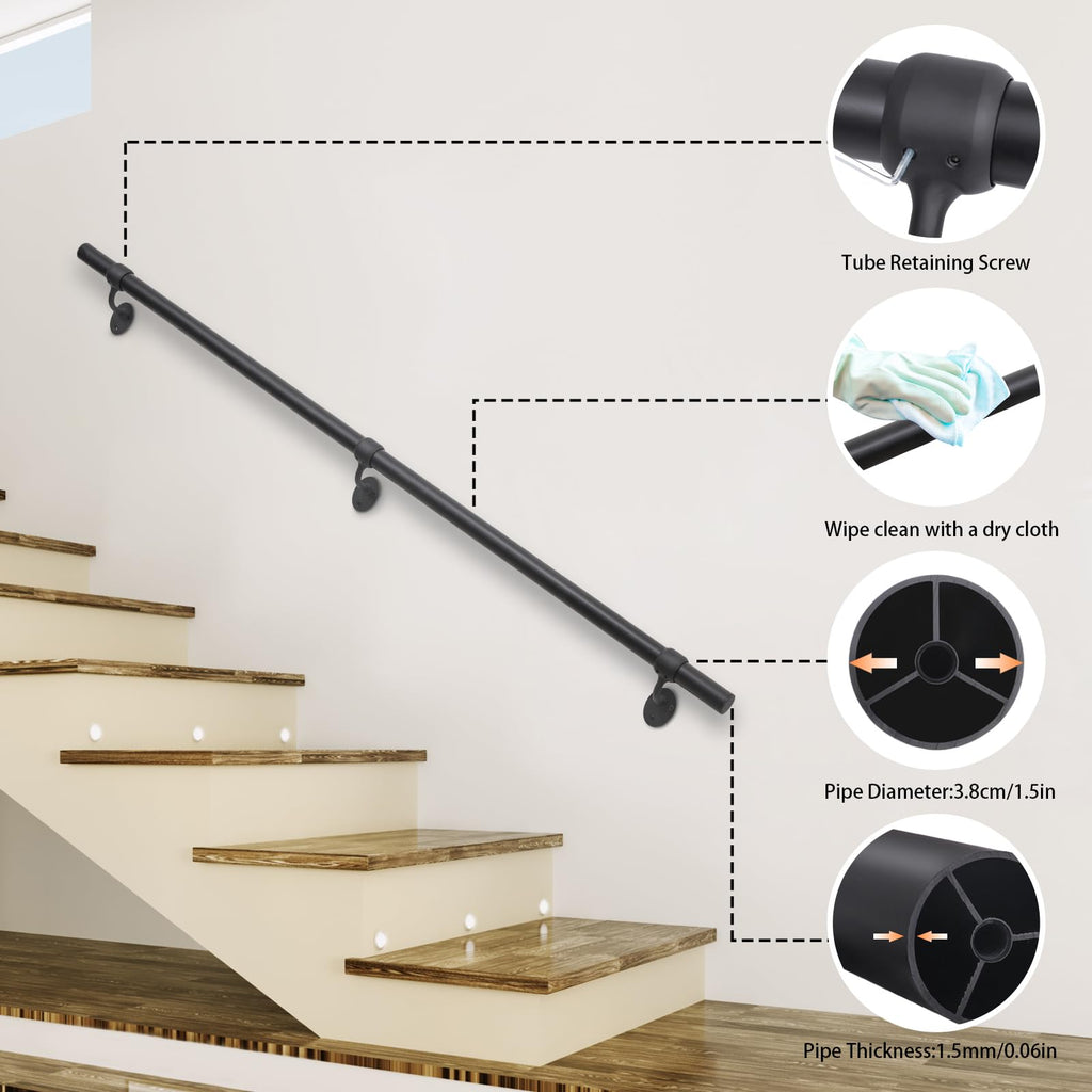 6.6ft Stair Railing Indoor Metal Hand Rails for Indoor Stairs 1.5" Pipe Stair Handrail Aluminum Wall Mounted