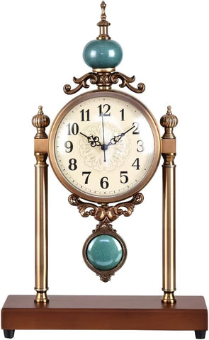 Vintage Table Clock with Turquoise Accents, Silent Non-Ticking, Wood Base and Metal Frame, Decorative Antique Design