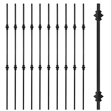 44" Iron Double Collar Balusters for Staircase Interior, 1/2" Hollow Stair Balusters, Matte Black Metal Balusters