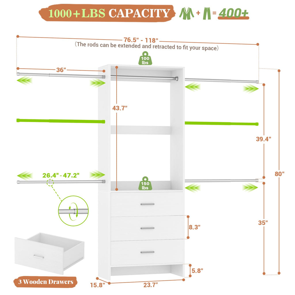 Closet System, Closet Organizer with 3 Wooden Drawers, Closet Organizer System, Walk-in Closet Wardrobe Clothes Rack