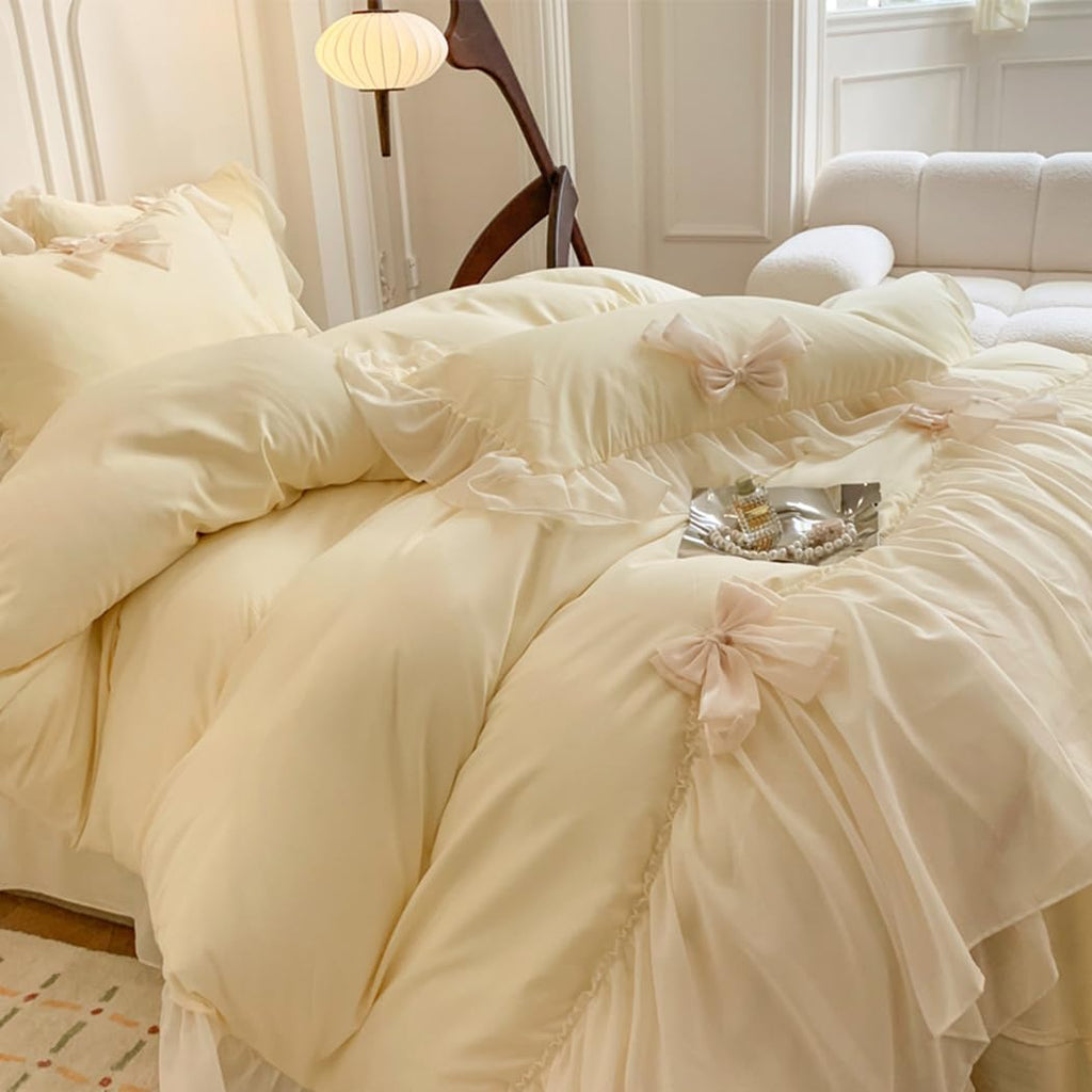 Ruffled Bedding Bow Duvet Cover Set with Butterfly Tie, Comforter Cover Set, Shabby Chic Bedding Set, Romantic