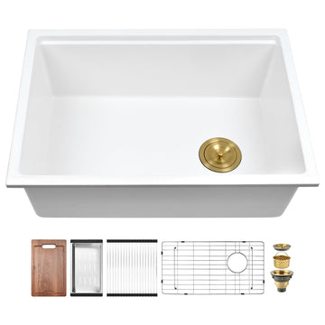 27 Inch White Composite Sink Workstation, 27 x 19 x 10 Quartz Granite Kitchen Sink, White Undermount Sink Offset