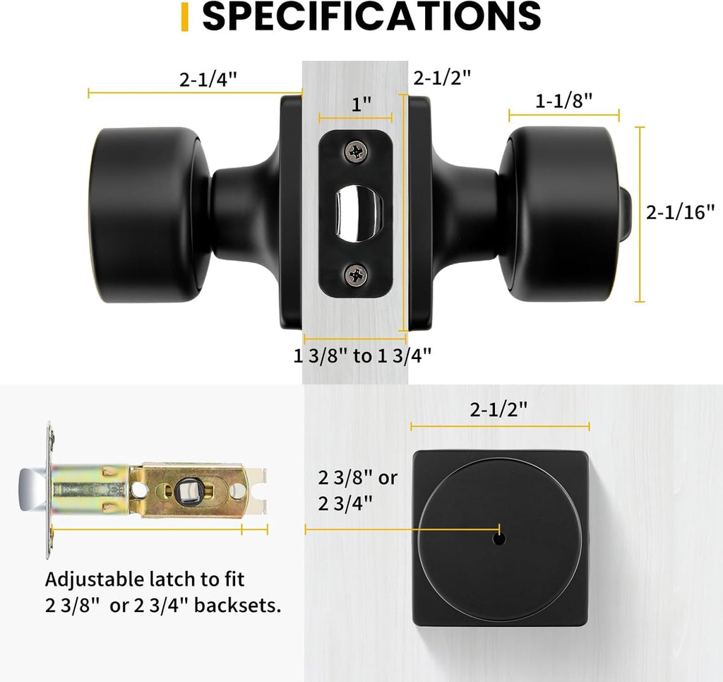 Matte Black Door Knobs Interior, Privacy Bedroom Door Knob with Lock, Black Interior Door Knobs Bathroom 4 Pack