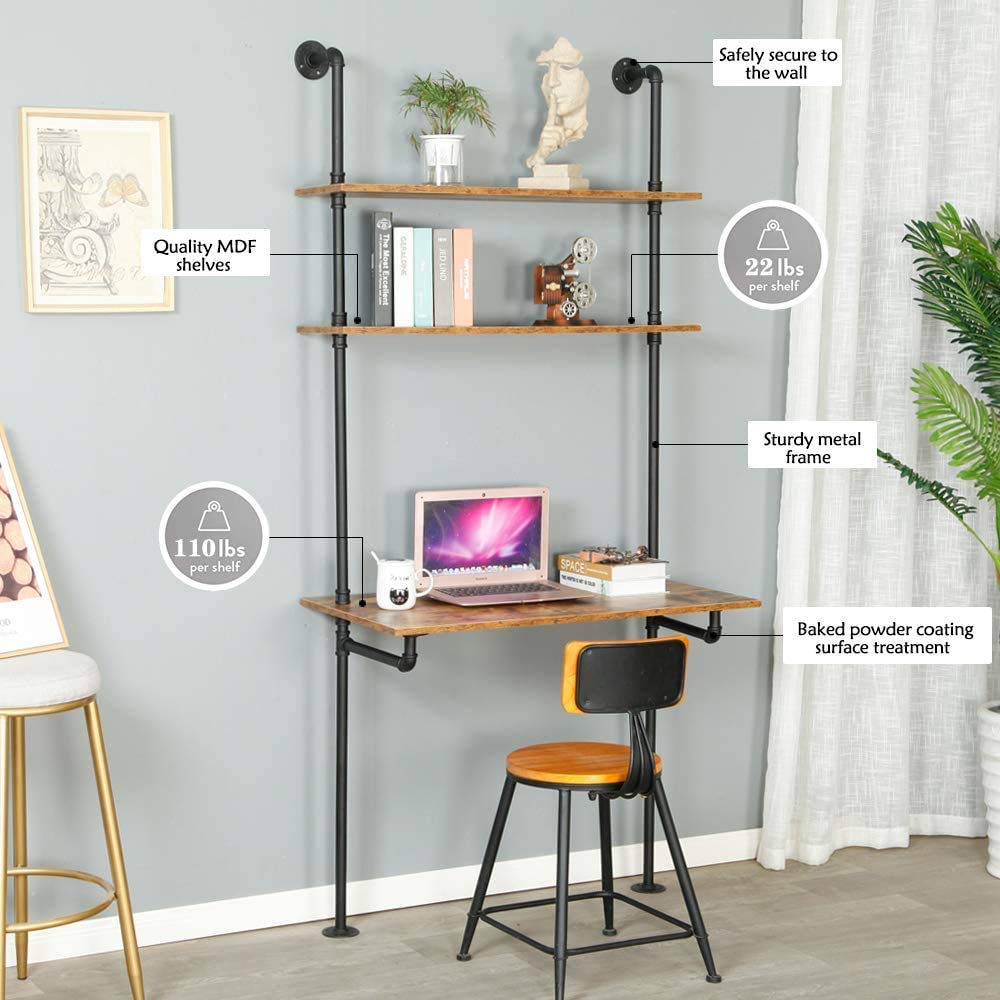 Wall Mounted Desk with Shelves, Industrial Ladder Style Floating Desk for Small Spaces, Computer Table with Storage