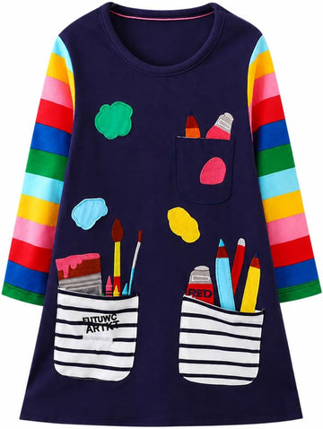 Toddler Girl Long Sleeve Dress Cotton Casual Basic Tunic Dresses Cartoon Applique Dress Kids Fall Winter Clothes