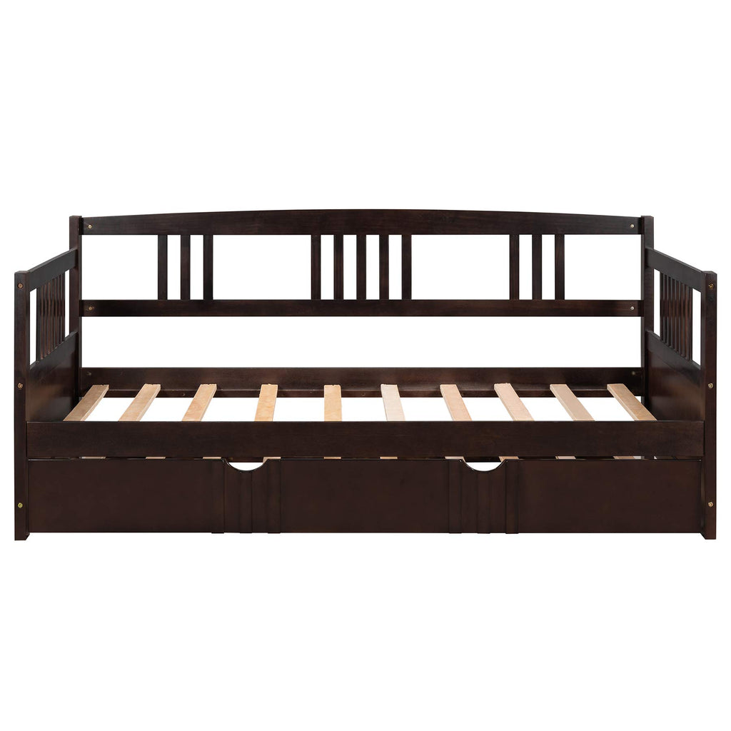 Twin Wood Daybed with Rails, Twin Bed Wooden Slats Support Modern Living Daybed with Trundle Bed, Espresso