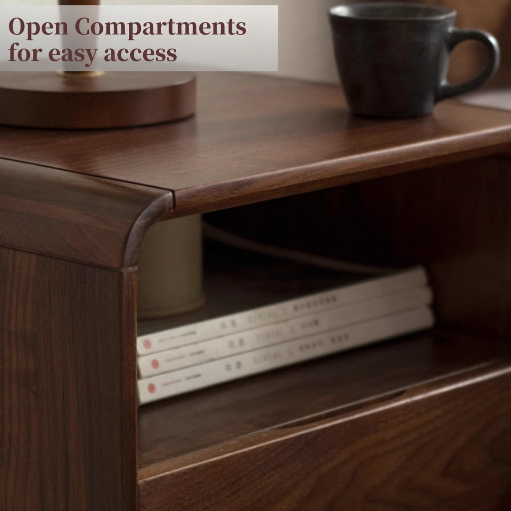 Walnut Nightstand Set of 2, Solid Wood Nightstand with Drawers & Open Storage Shelf, Mid Century Modern Nightstands