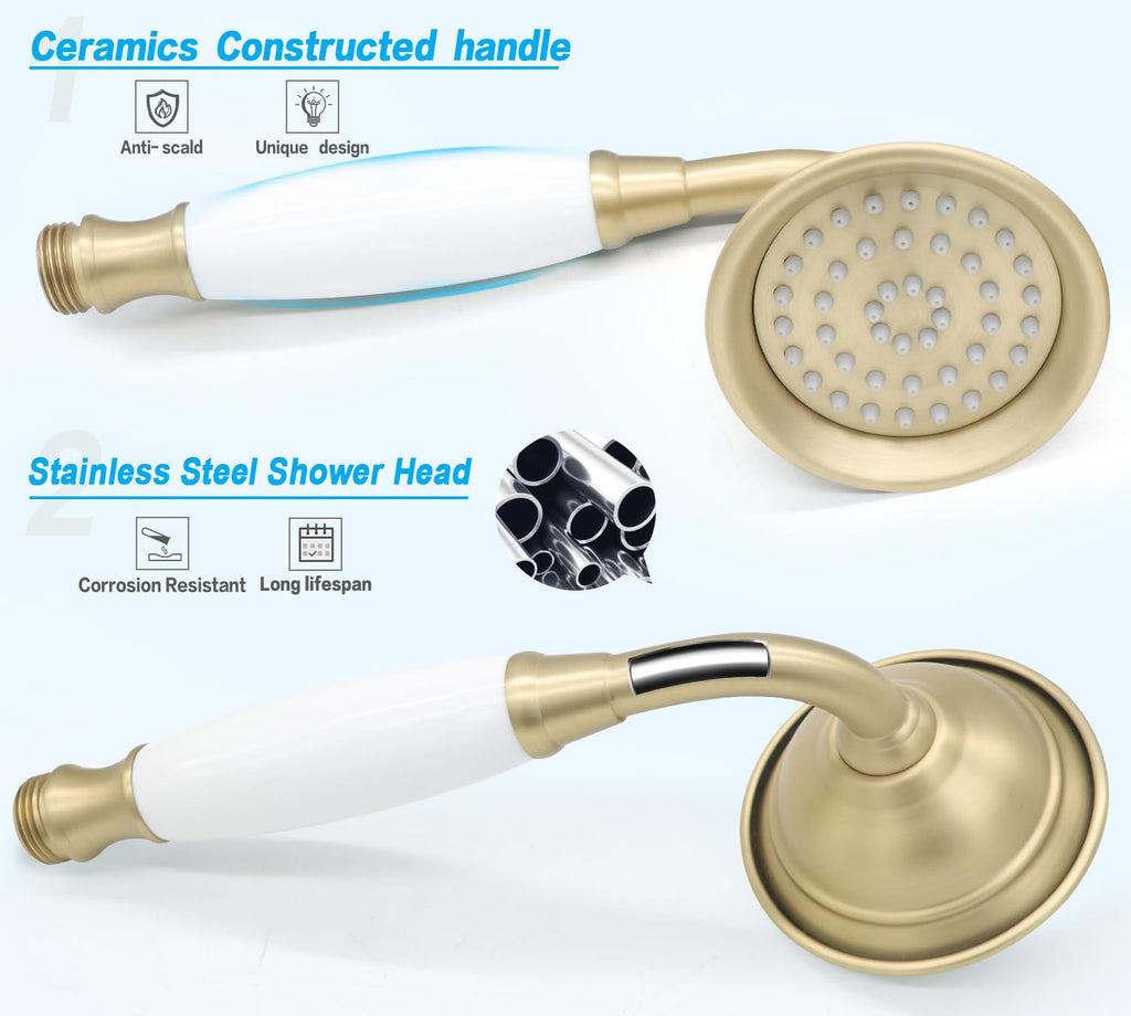 Vintage Hand-held Shower Rain Sprayer Telephone Shaped Ceramic Shower Head with 59 Inch Hose , Brushed Gold
